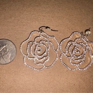 Sparkling Rose Outline Drop Earrings - Silver Tone